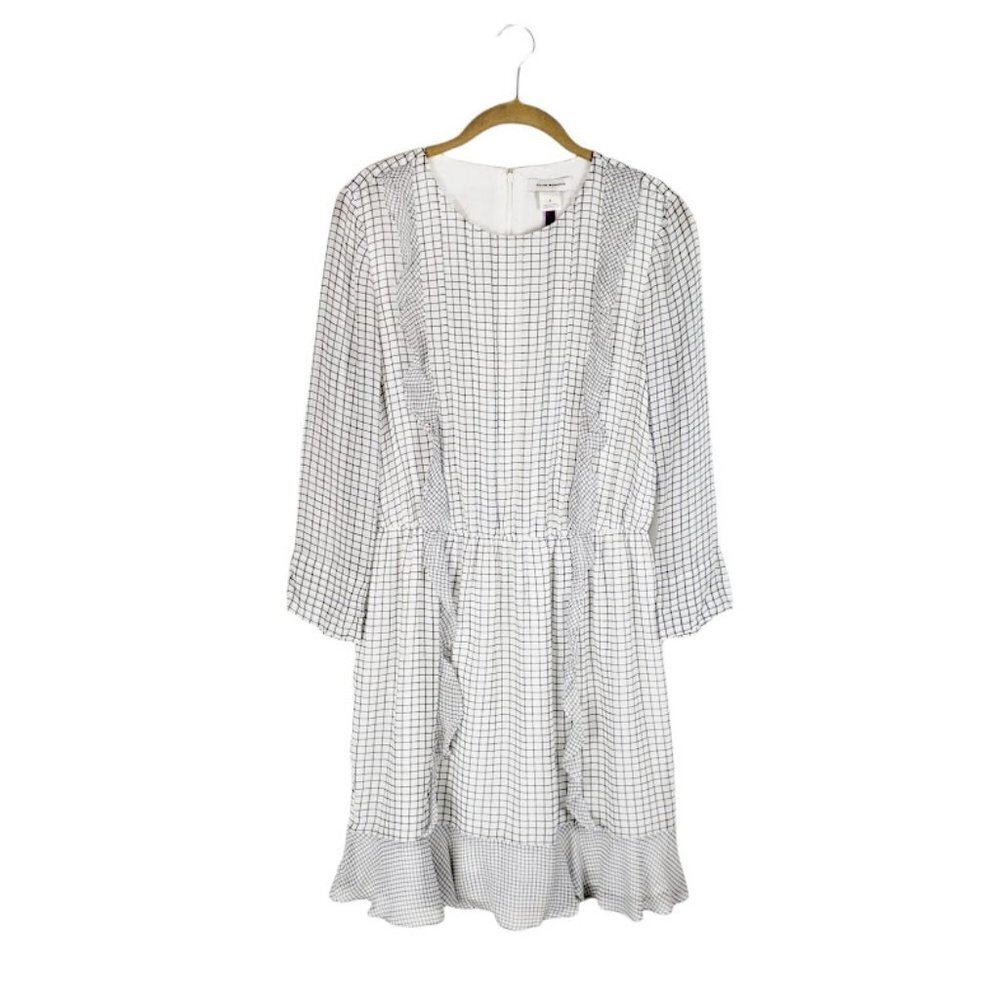 Club Monaco Lightweight Long Sleeve Dress Ruffle White Grid Print Womens Size 6